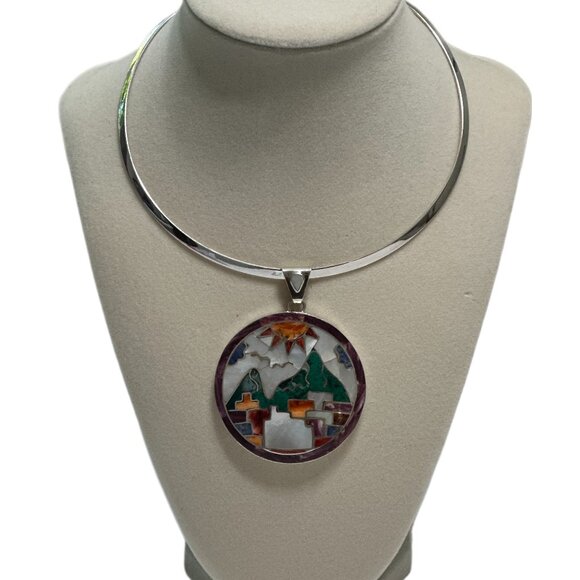 Peruvian 950 Sterling Silver Pendant | Handcrafted Mosaic Inlay natural stone - Picture 2 of 7